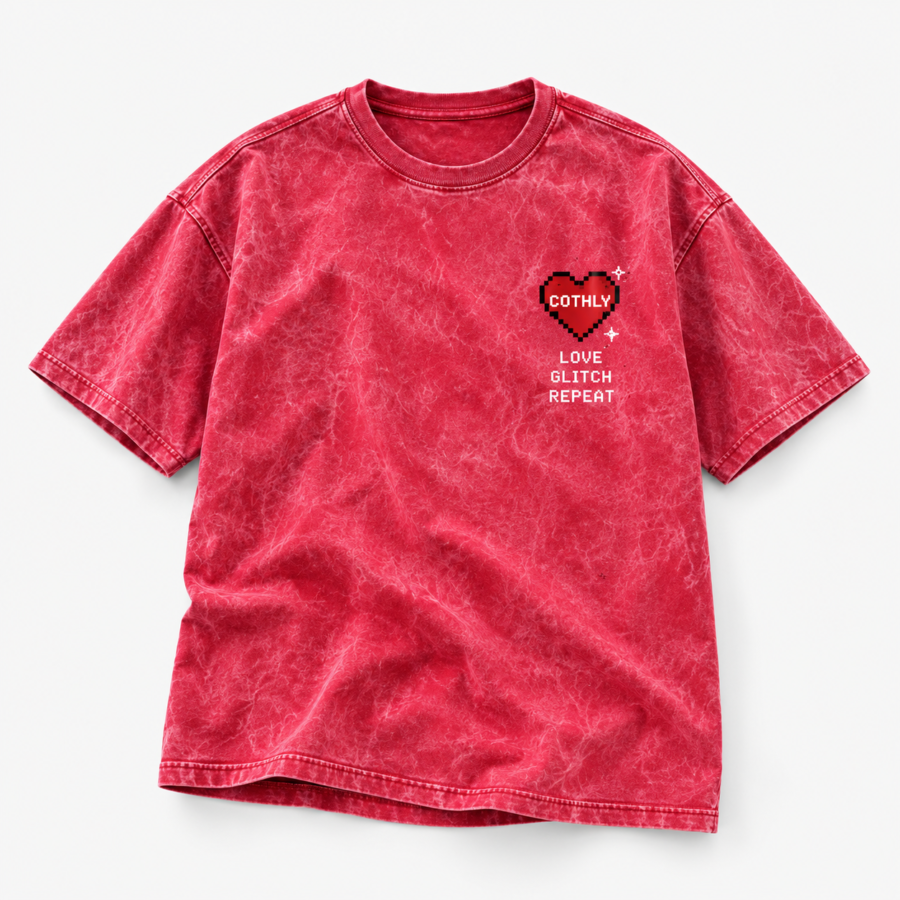 Love Glitch Repeat –Red Acid Wash Oversized Tee